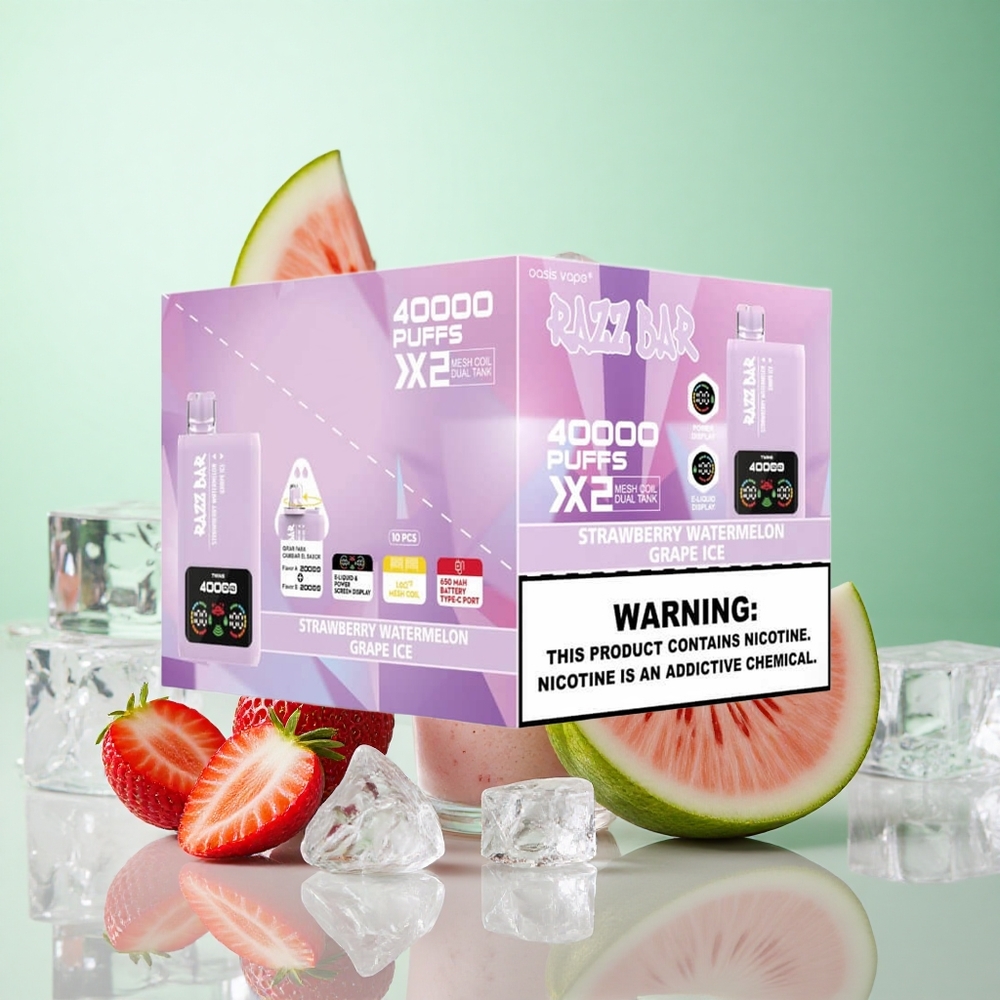 Eper Dinnye_Szőlő Jég Razz Bar 40000 Puffs Eldobható E-cigaretta 1.0 Ohm 2 Hálós Tekercs, 650 Mah Akkumulátor Type-C Csatlakozóval
