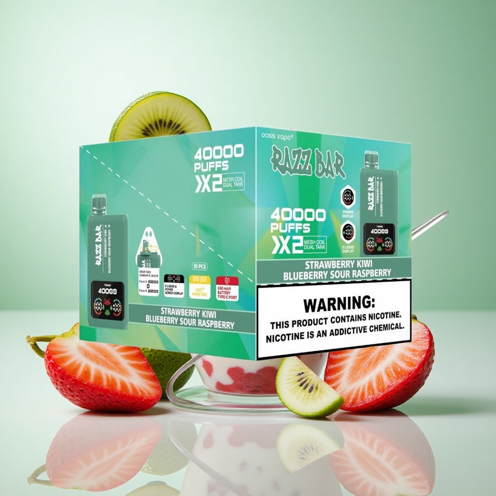 Eper-Papaya_Kékáfonya-Savanyú Málna Razz Bar 40000 Puffs Eldobható vape Típus-C Port 650 Mah Akkumulátor 1.0Ohm 2 Hálós Tekercs