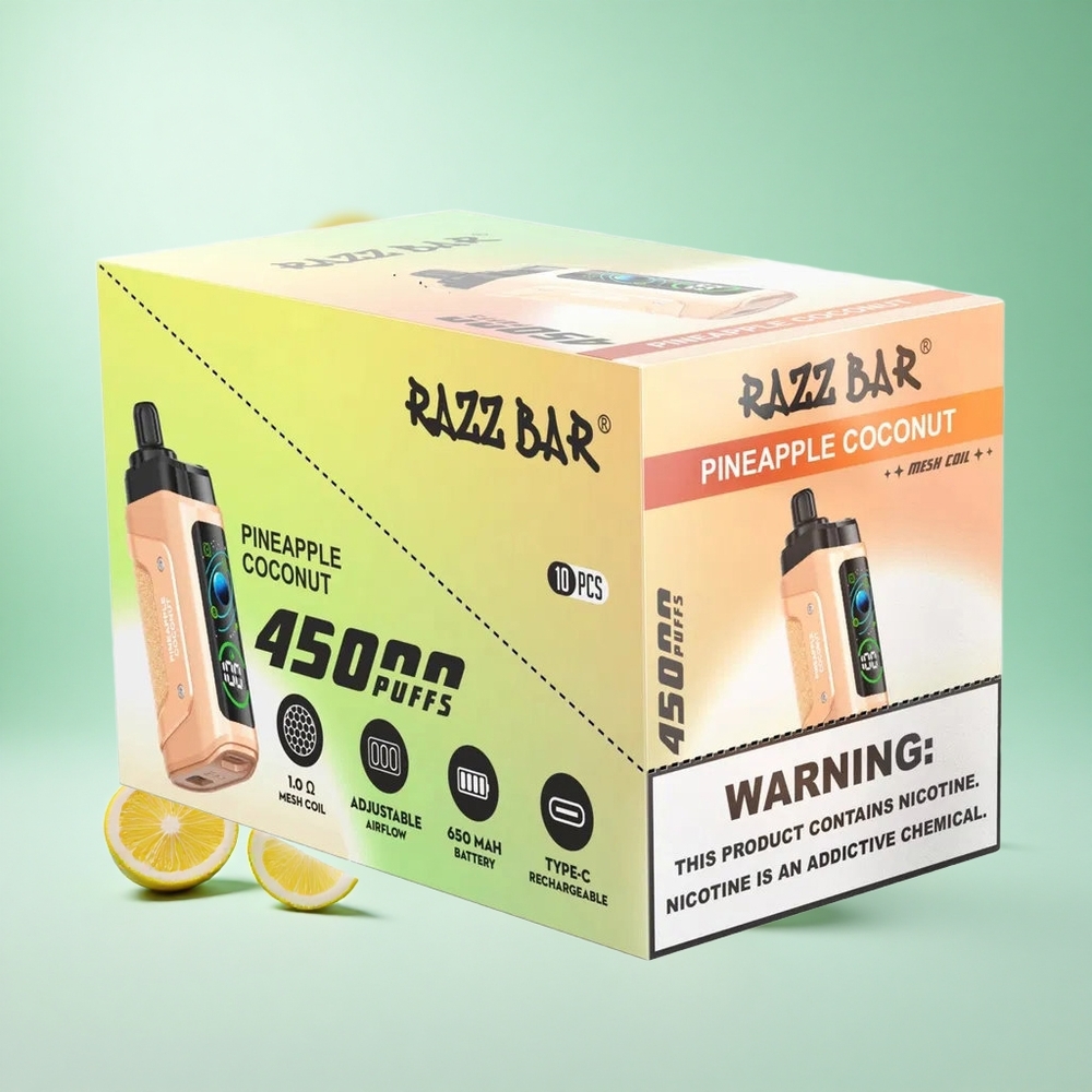 Ananász-Kókusz Razz Bar 45000 Puffs Eldobható e-cigaretta 1,0 ohmos hálós tekercs és 650 Mah Akku