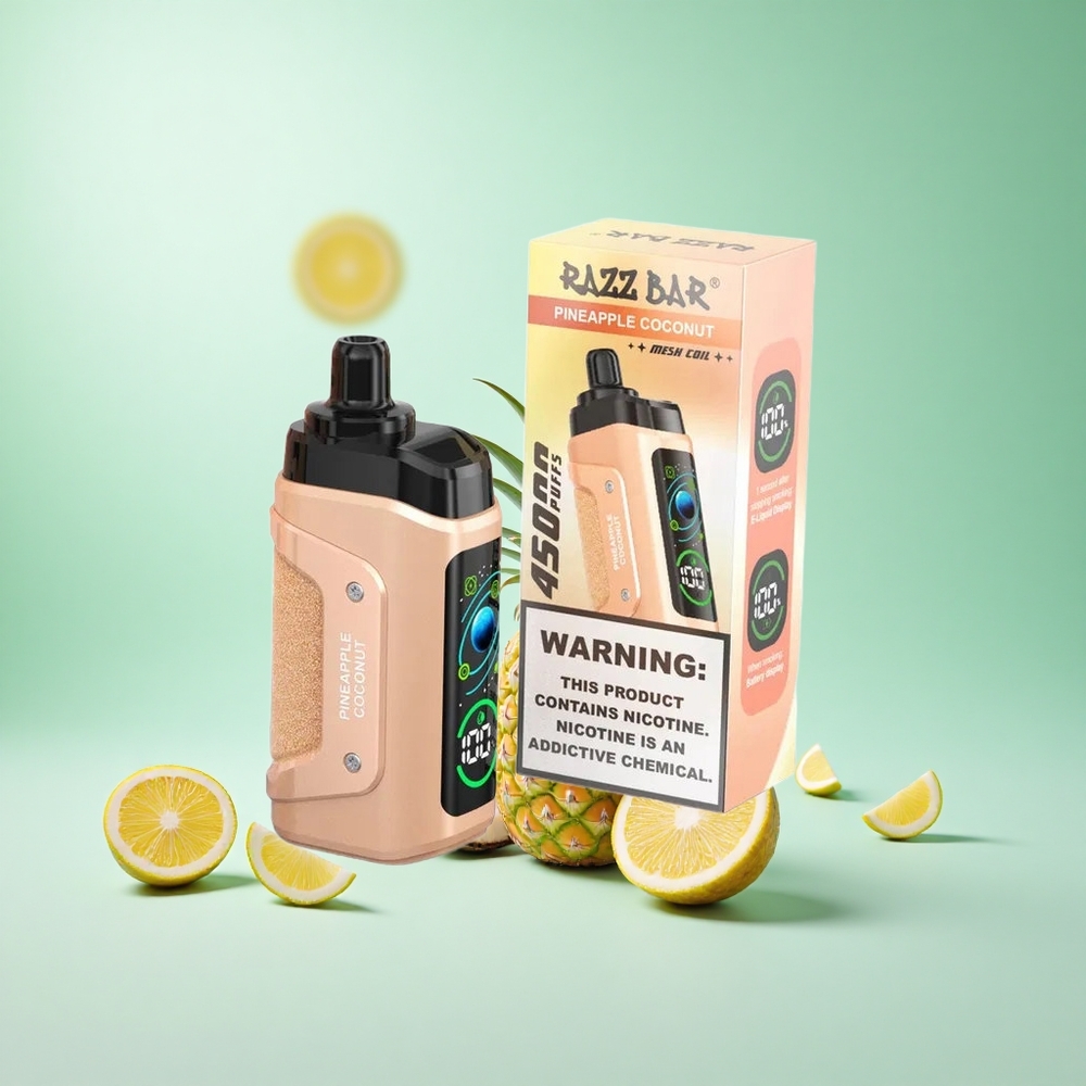 Ananász-Kókusz Razz Bar 45000 Puffs Eldobható e-cigaretta 1,0 ohmos hálós tekercs és 650 Mah Akku