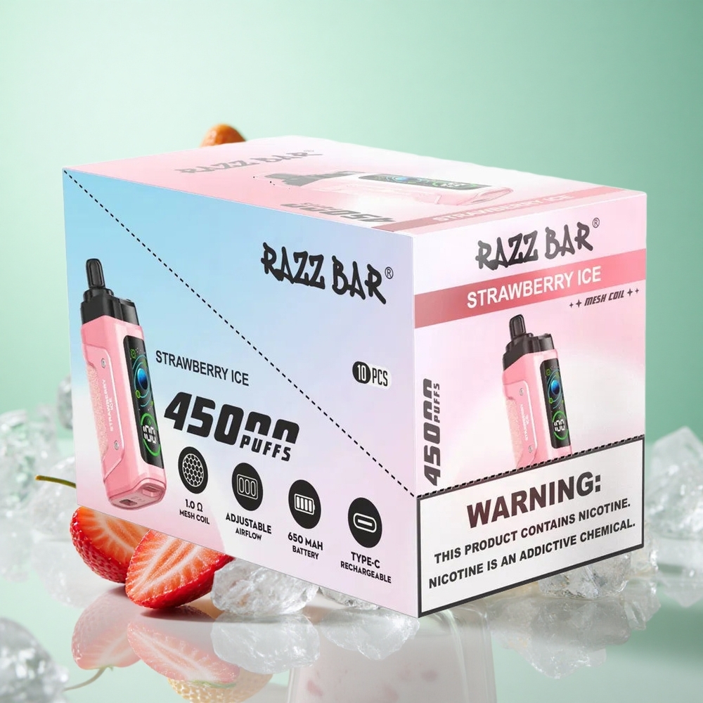 Eper Jég Razz Bar 45000 Puffs Eldobható vape 1,0 ohmos hálós tekercs és 20 mg/ml Nikotin Erősség