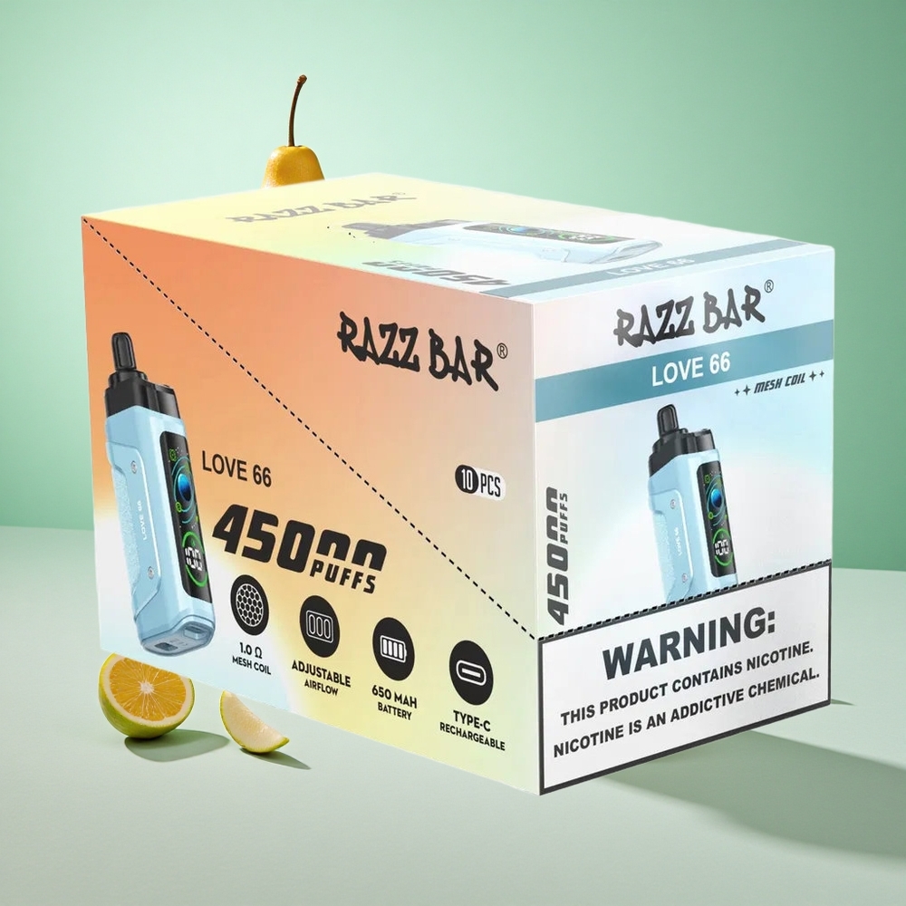 Málna-Love 66 Razz Bar 45000 Puffs Egyszerhasználatos Vape 1.0 Ohm Mesh Tekercs 20 mg/ml Nikotinerősség