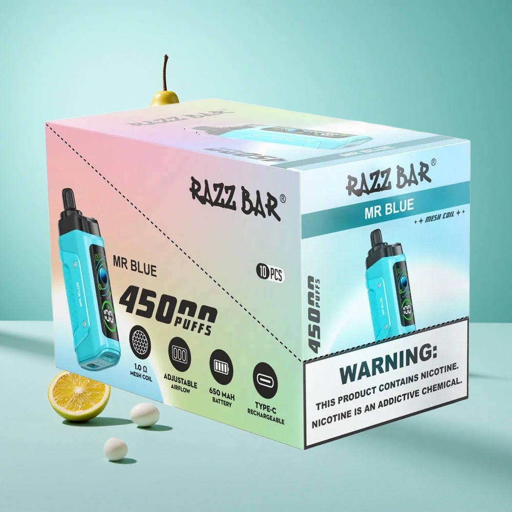 Málna Razz Bar Egyszerhasználatos E-Cigi 45000 Fuvolázás Beállítható Légáramlás és 20 mg/ml Nikotinerősség Mr Kék