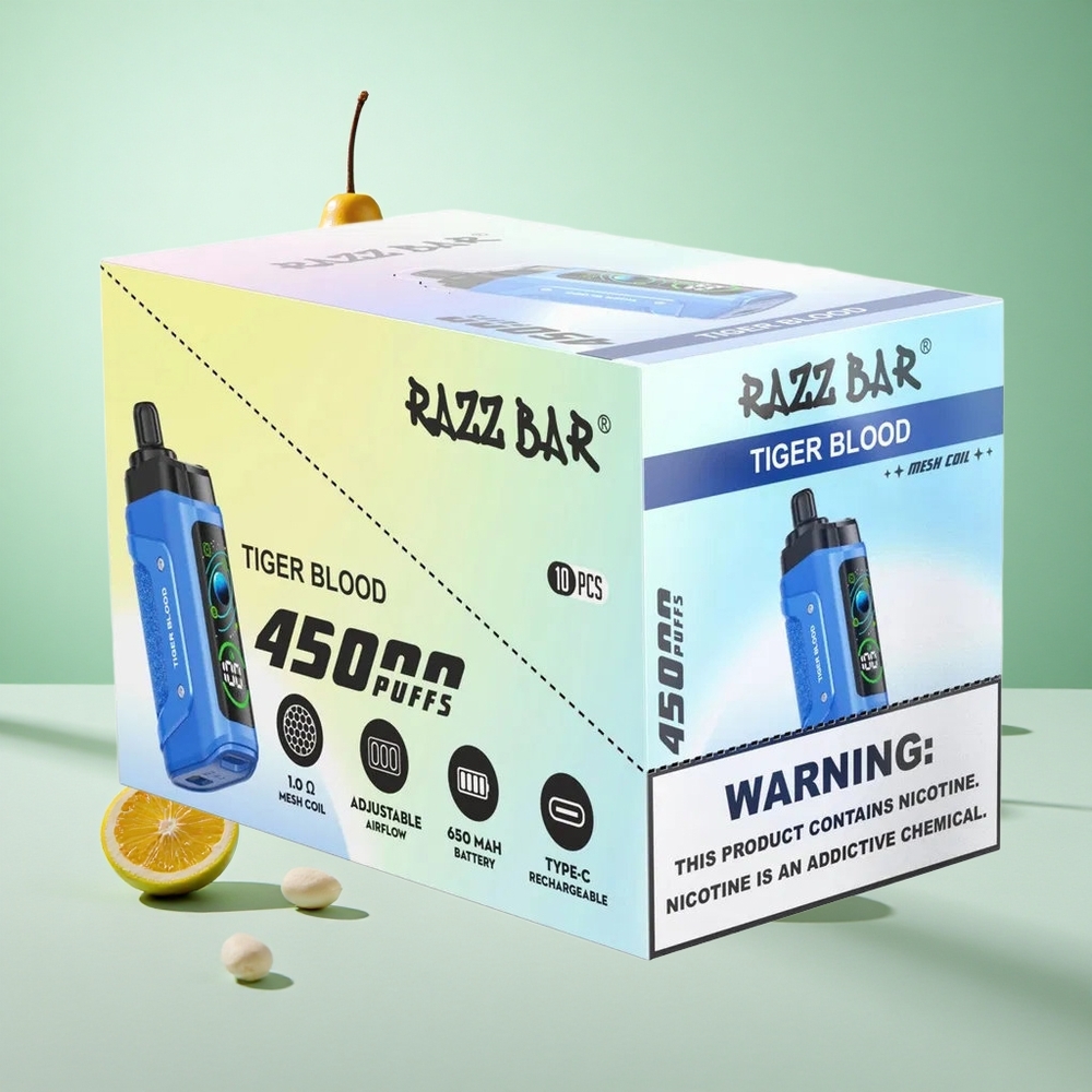 Tigrisvér Razz Bar 45000 Puffs Elektromos Cigaretta 1,0 ohmos hálós tekercs és Állítható Légáramlás