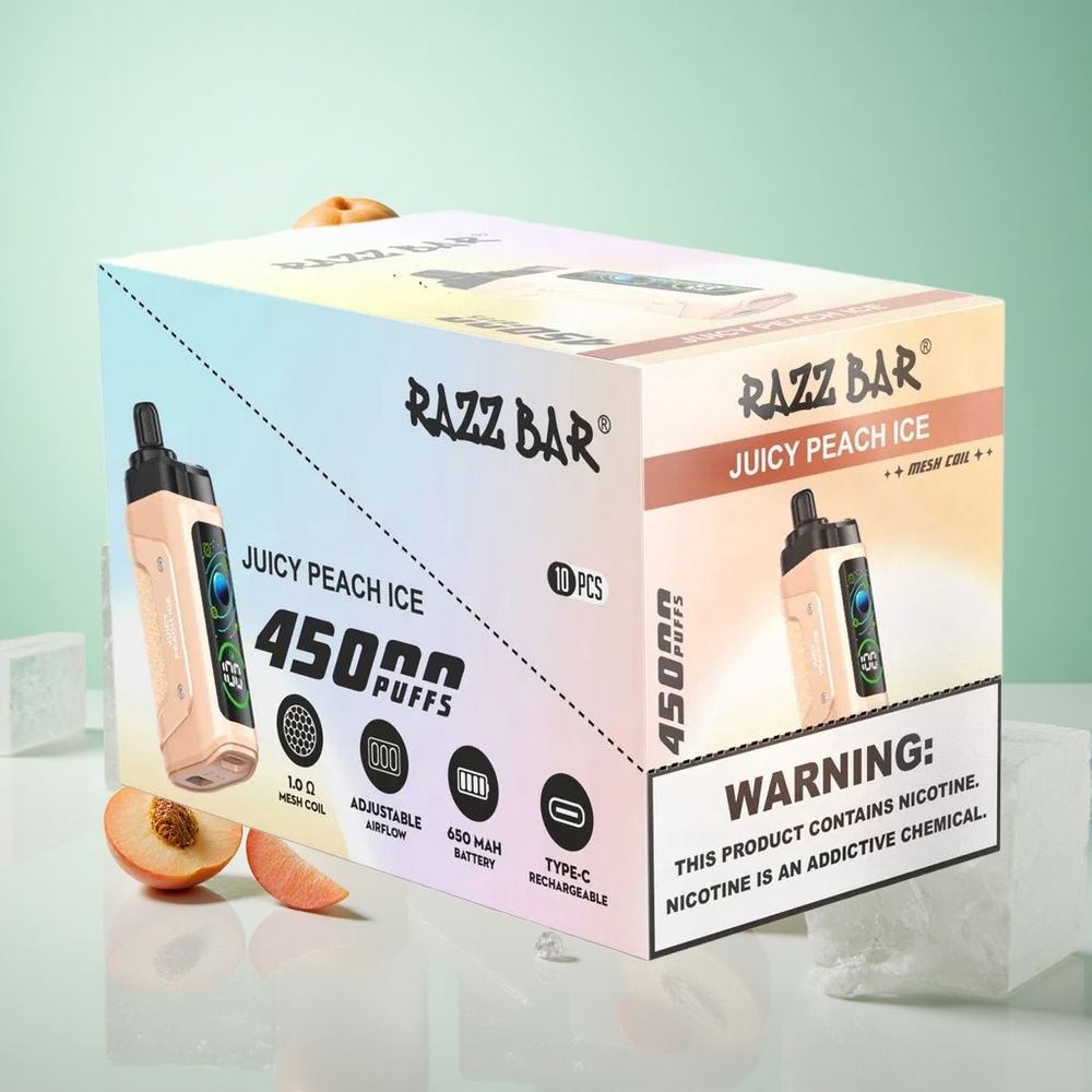 Édes Őszibarack Jég Razz Bar 45000 Puffs Eldobható vape 1,0 ohmos hálós tekercs 20 mg/ml Nikotin Erősség