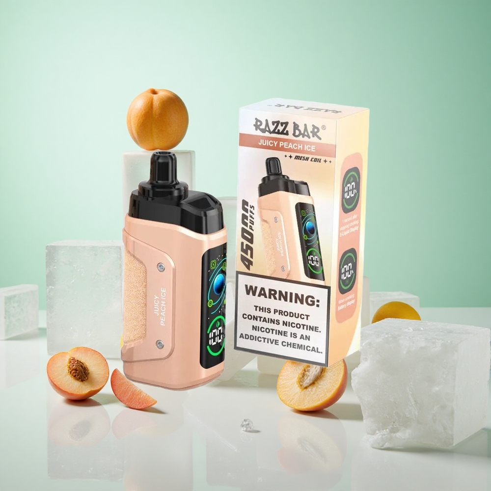 Édes Őszibarack Jég Razz Bar 45000 Puffs Eldobható vape 1,0 ohmos hálós tekercs 20 mg/ml Nikotin Erősség
