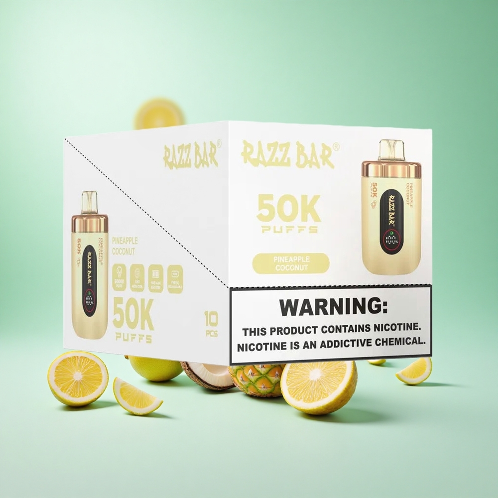 Ananász-Kókusz Razz Bar 50E Puffs Eldobható E-cigaretta 1,0 ohmos hálós tekercs, 650 mAh Akku