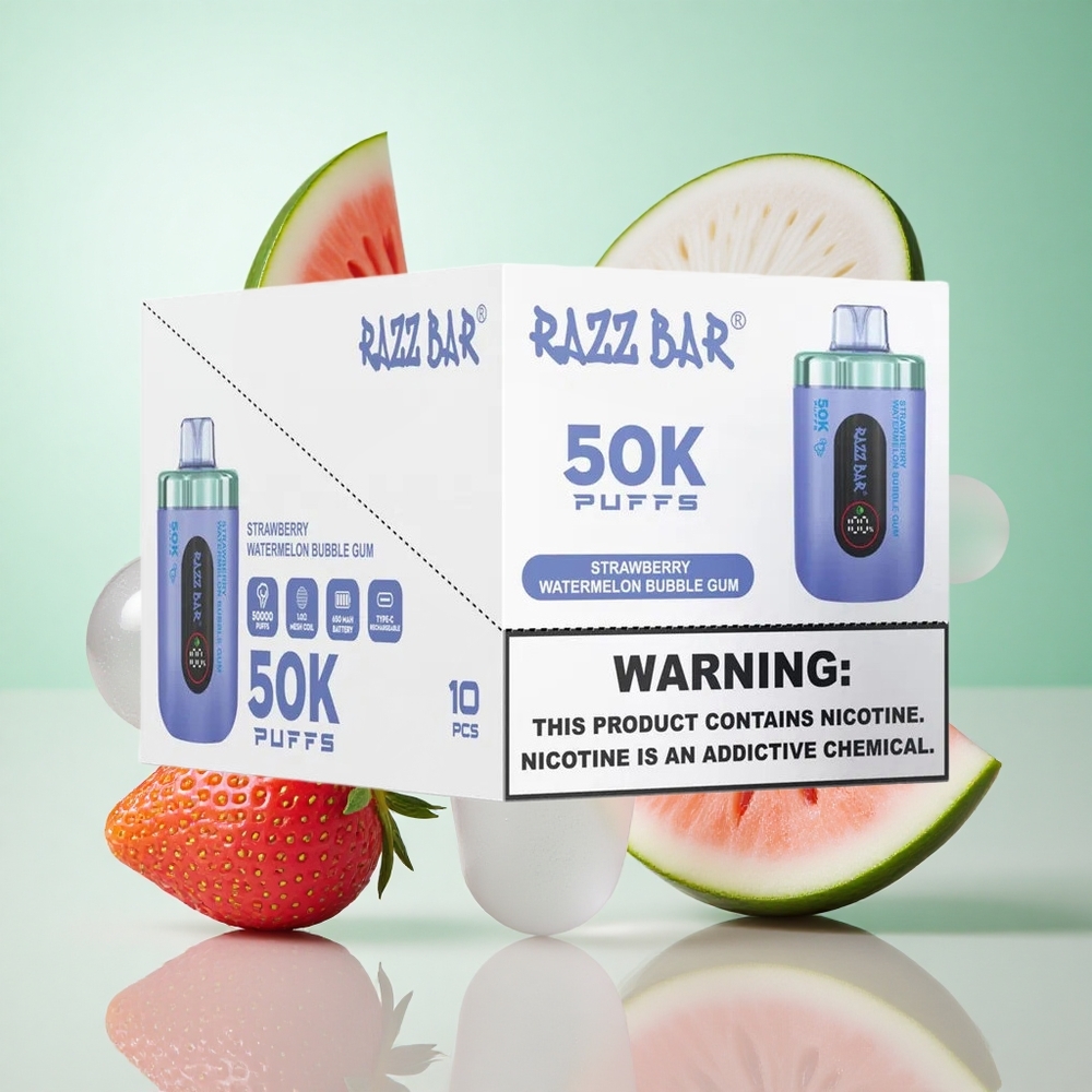 Eper Görögdinnye Buborékrágó Razz Bar 50K Puffs Eldobható E-cigaretta 50000 Puffs és 1,0 ohmos hálós tekercs