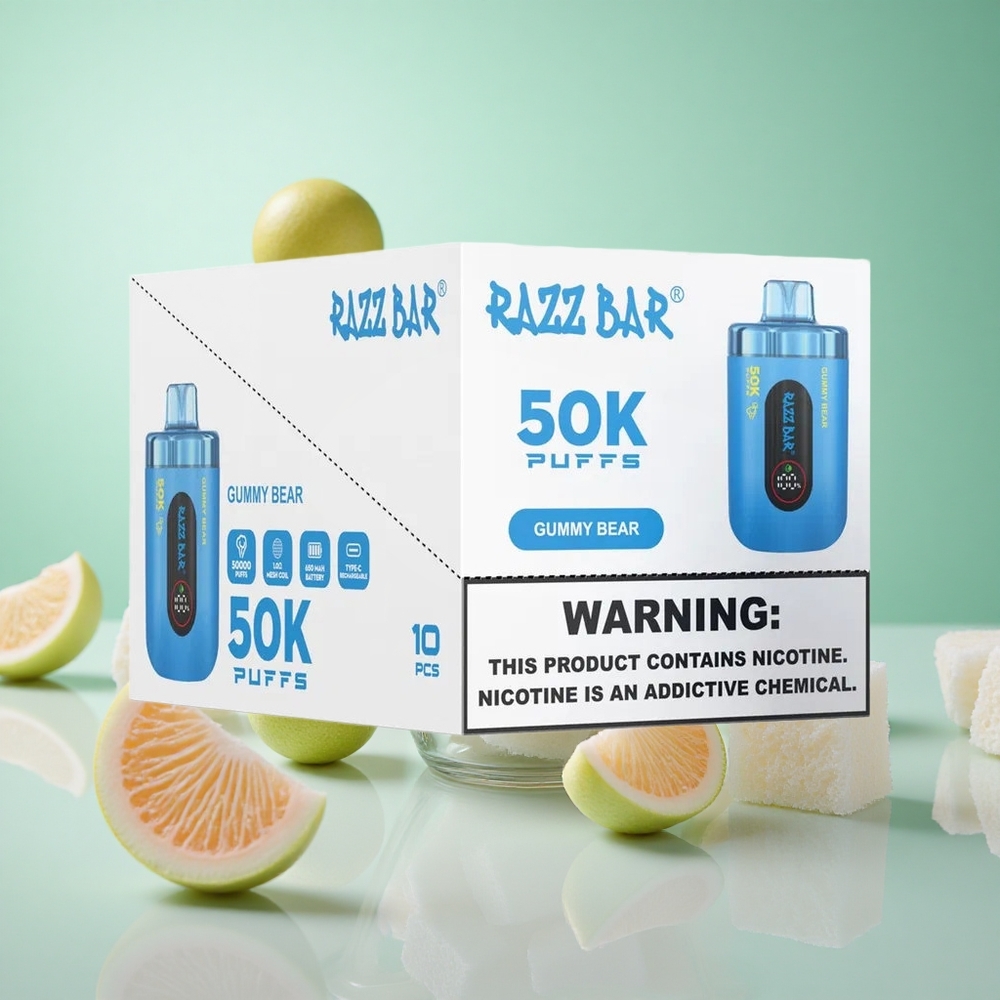 Málna Medve íz Razz Bar 50 000 Puffs Egyhasználatos Vape 1,0 ohmos hálós tekercs és 2% Nikotintartalom