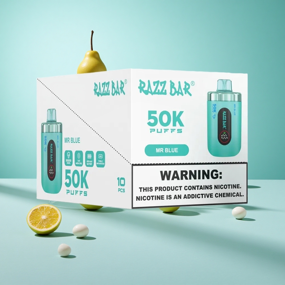 Málna Razz Bar 50 000 Puffs Egyszerhasználatos Vape Mr Kék 1,0 ohmos hálós tekercs 650 Mah Akkumulátor