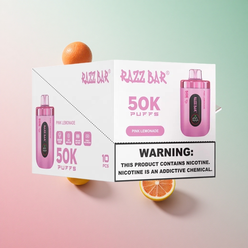 Rózsaszín Limonádé Razz Bar 50 000 Puffs Eldobható vape 1,0 Ohm Mesh Coil és 650 MaH Akkumulátor