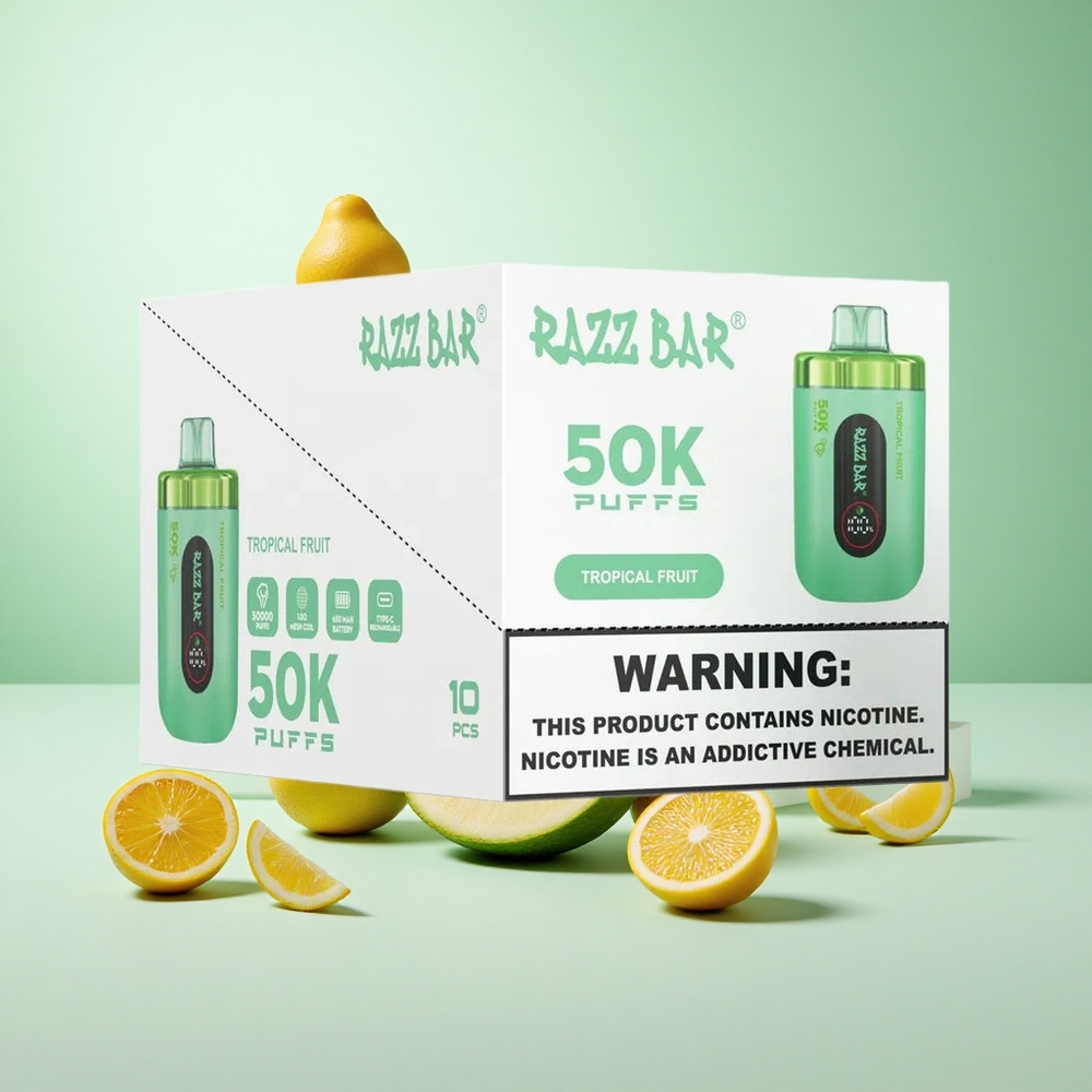 Trópusi Gyümölcs Razz Bar 50K Puffs Eldobható E-cigaretta 50000 Puffs és 1,0 ohmos hálós tekercs