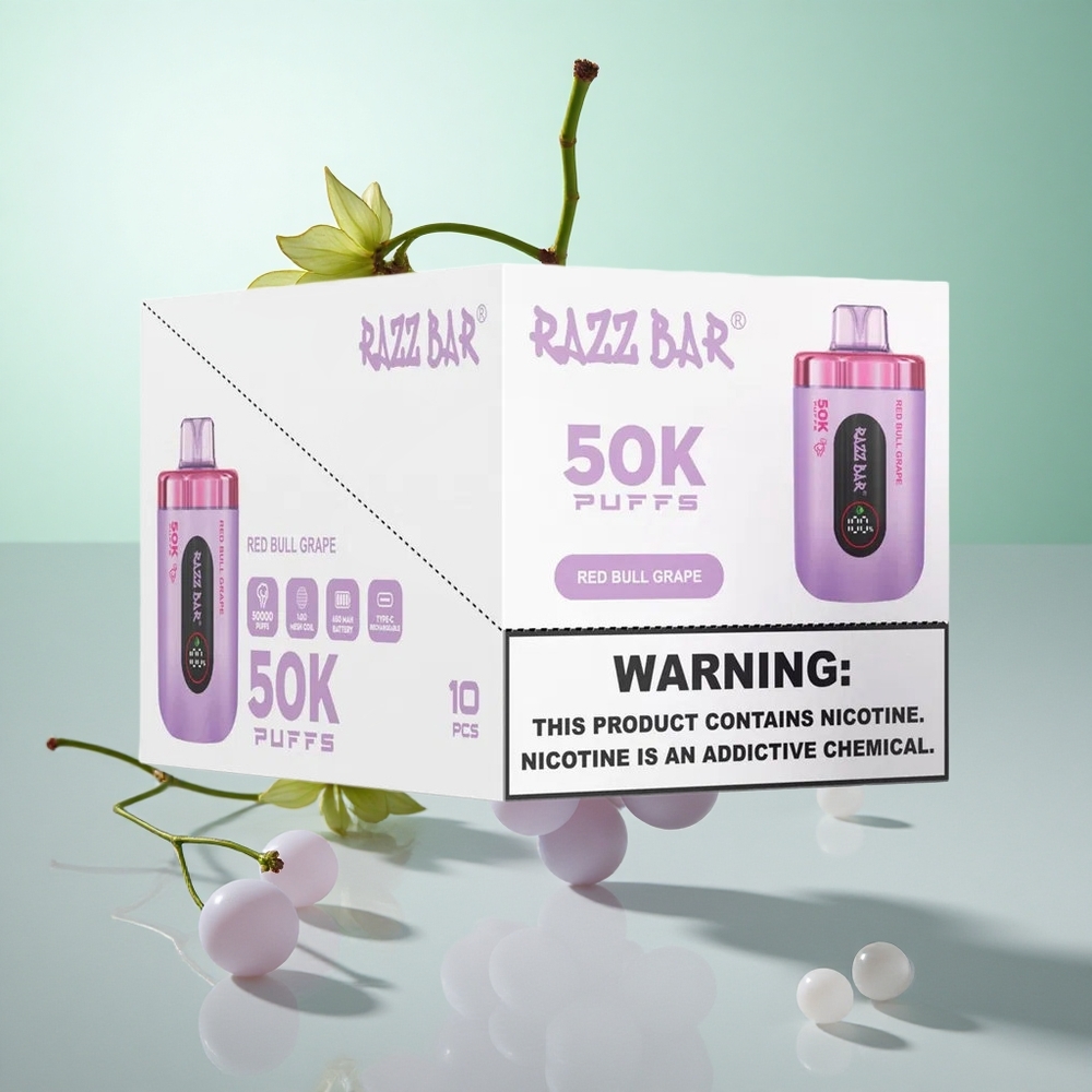 Vörös Bika Szőlő Razz Bar Egyszerhasználatos Vape 50000 Puffs és 1.0 Ohm Hálós Tekercs