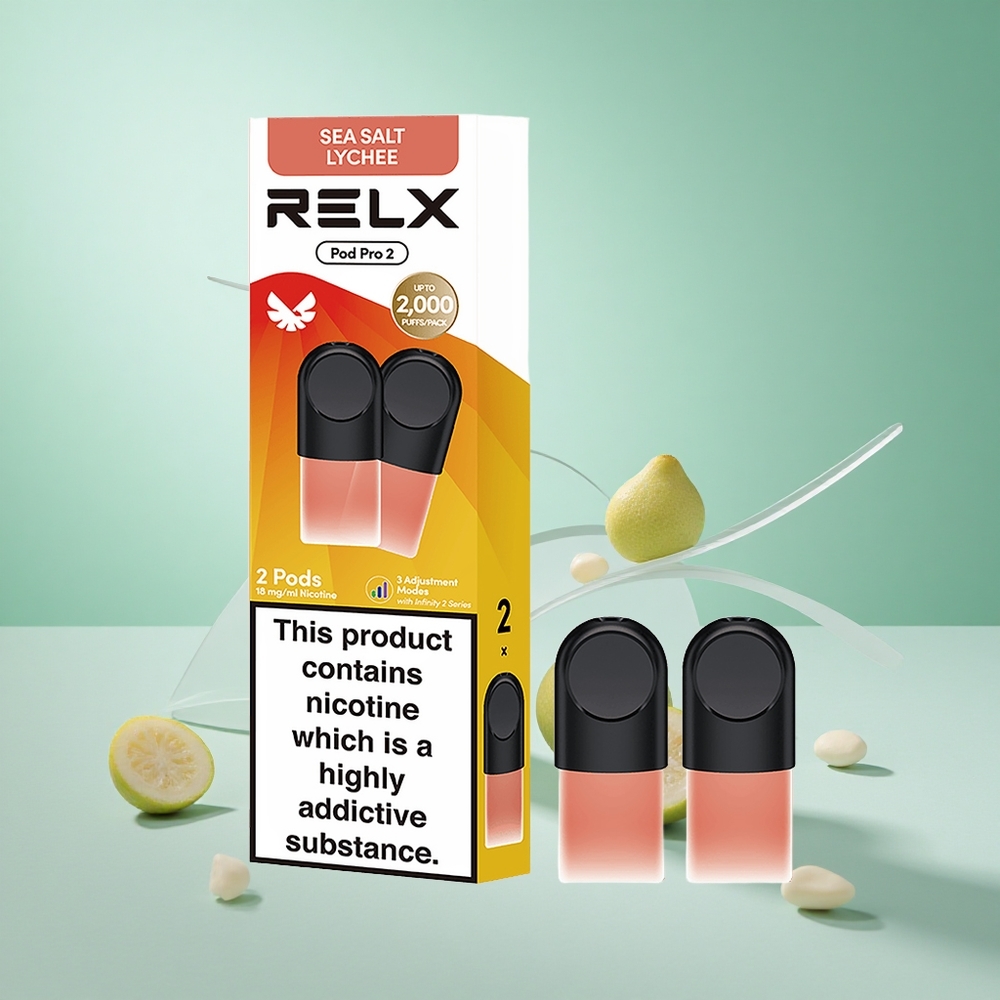 Licsi tengersó íz Relx Pod Pro 2 600 Puffs 1,9ml e-légy kapacitás, Nikotintartalom: 1,8%